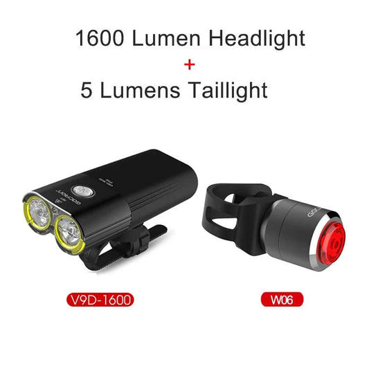 Mandotos GACIRON bicycle front light with 400-1800 lumens, USB rechargeable waterproof LED headlamp for MTB and road cycling.