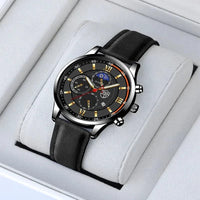 Mandotos men's classic leather wristwatch with a round dial and leather strap, showcasing elegant timepiece design.