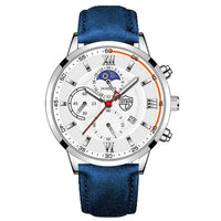 Mandotos men's classic leather wristwatch with round dial and black leather strap, showcasing elegant men's timepiece design.