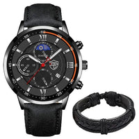 Gent's classic leather wristwatch by MANDOTOS featuring a sleek round dial and brown leather strap.