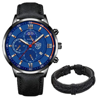 Gent's classic leather watch by MANDOTOS featuring a round dial and leather strap, displayed on a white background.