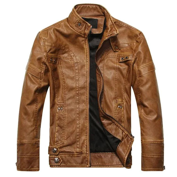 Mandotos men's leather outerwear jacket with a classic design, featuring a smooth leather finish and stylish collar.