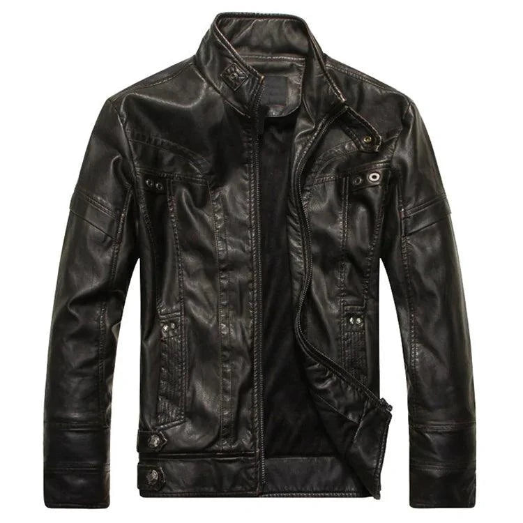 Mandotos men's leather outerwear displayed on a hanger, showcasing a classic, stylish leather jacket with a smooth finish.