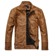 Mandotos men's leather outerwear featuring a classic tailored design with a smooth brown leather finish and stylish collar.