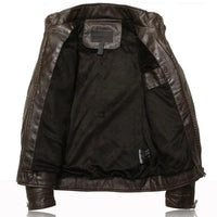 Mandotos men's leather outerwear jacket with a sleek design, visible stitching, and classic collar for stylish outdoor wear.