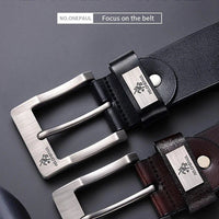 Genuine leather men's buckle belt by MANDOTOS featuring cowhide design, casual and cowboy style, high-quality fashion accessory.