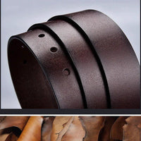 Genuine leather men's casual belt with metal buckle, cowhide design, suitable for jeans and business wear by MANDOTOS.