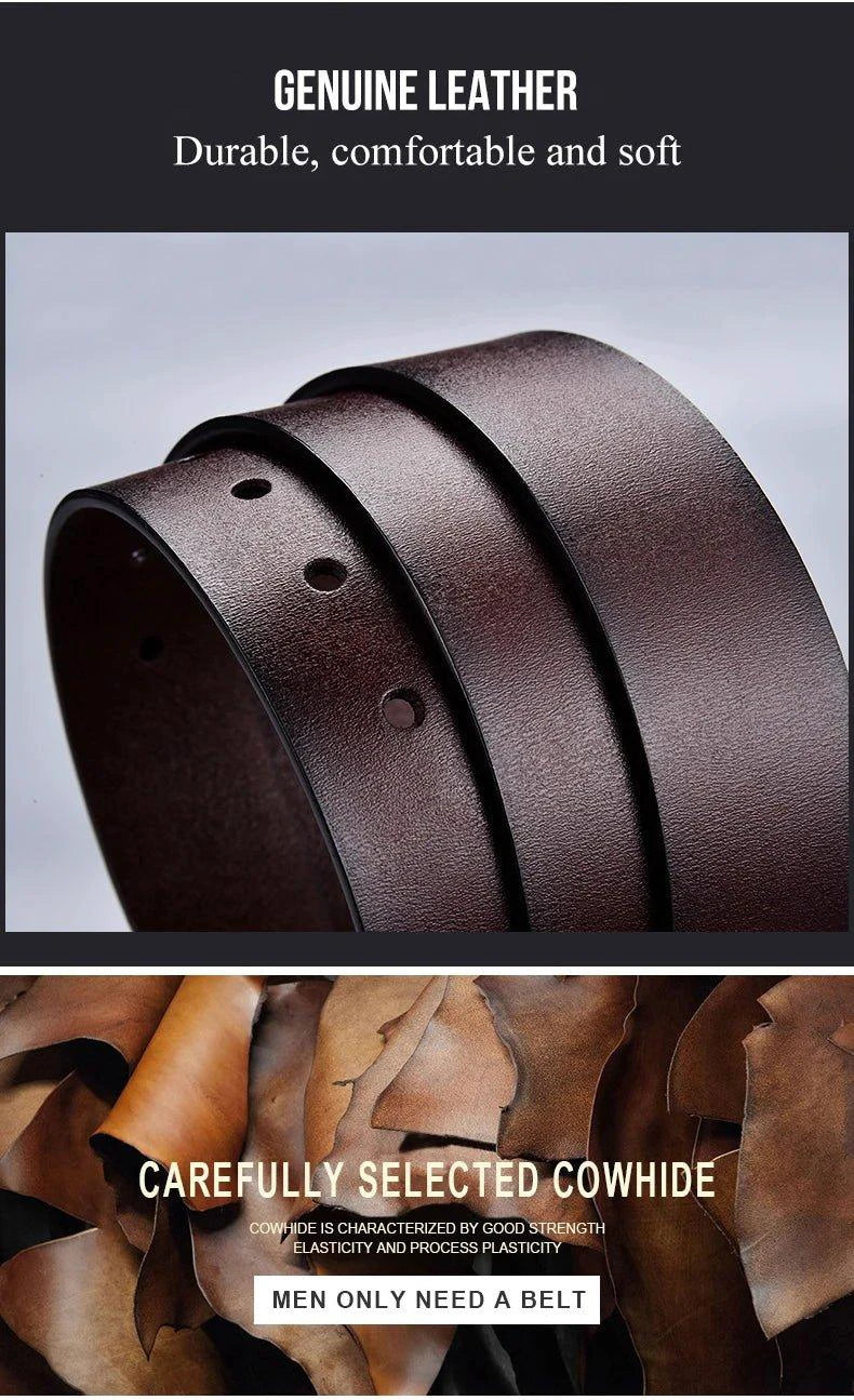 Genuine leather men's casual belt with metal buckle, cowhide design, suitable for jeans and business wear by MANDOTOS.