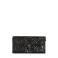 Black genuine leather wallet with removable pouch from MANDOTOS, featuring multiple card slots and a sleek, compact design.