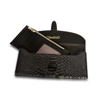 Black genuine leather wallet with removable pouch from MANDOTOS, featuring multiple card slots and a sleek, stylish design.