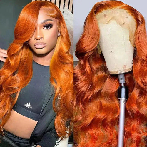 Mandotos Ginger Orange Body Wave Human Hair Lace Front Wig in #350, 13x6, pre-plucked, 200% density, natural hair look