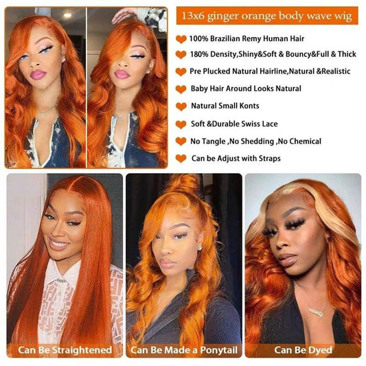 Mandotos ginger orange body wave human hair lace front wig with 13x6 lace, pre-plucked, 200% density, #350 color.
