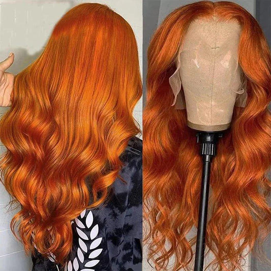 Mandotos Ginger Orange Body Wave Human Hair Lace Front Wig in #350 color, 13x6 lace, pre-plucked, 200% density, natural style