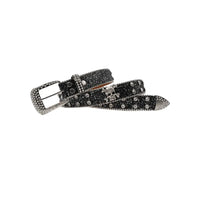 Mandotos Glitzy Skull Fashion Belt featuring a shiny skull buckle and black leather strap, stylish accessory for edgy outfits.