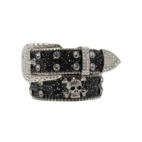 Glitzy Skull Fashion Belt by MANDOTOS featuring a sparkling skull design on a stylish black belt.