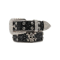 Mandotos Glitzy Skull Fashion Belt with sparkling embellishments and black strap, stylish accessory for edgy outfits.