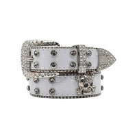 Mandotos Glitzy Skull fashion belt featuring a shiny skull buckle and stylish black leather strap.