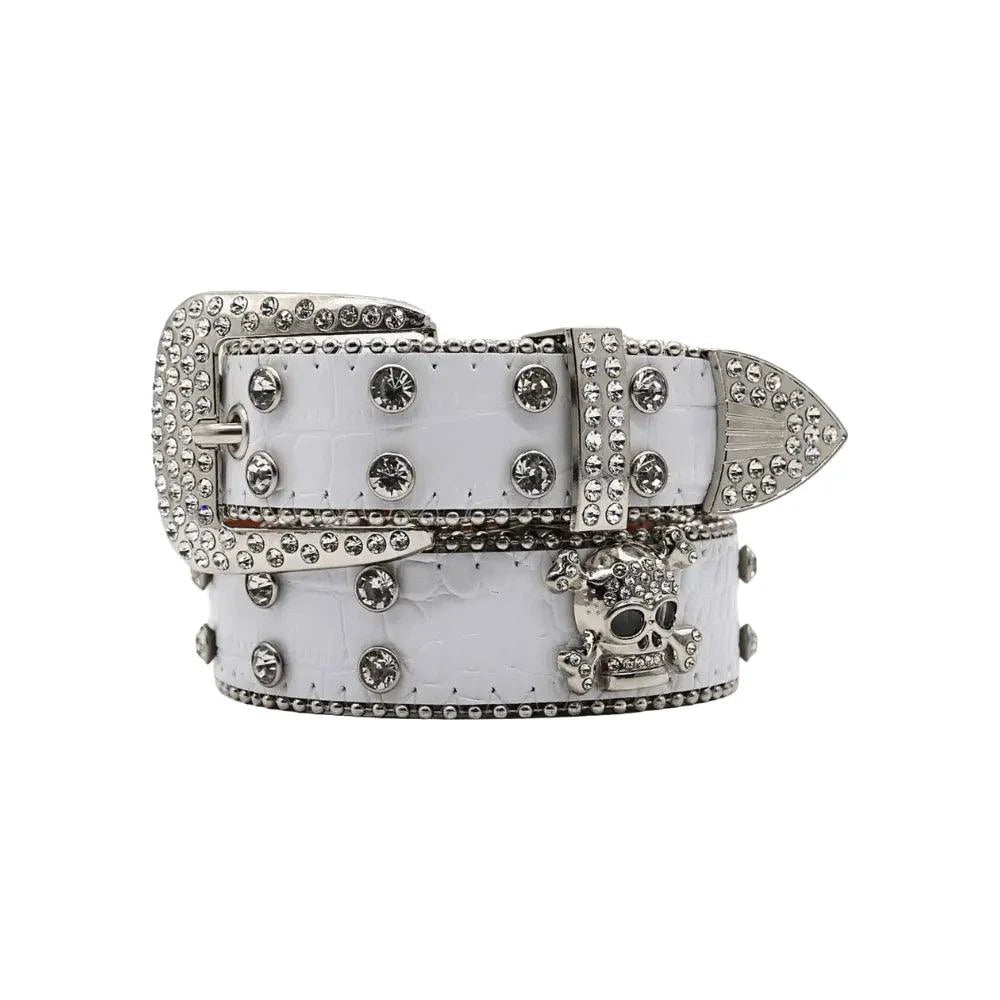 Mandotos Glitzy Skull Fashion Belt with sparkling embellishments and adjustable black strap, stylish accessory for edgy outfits.