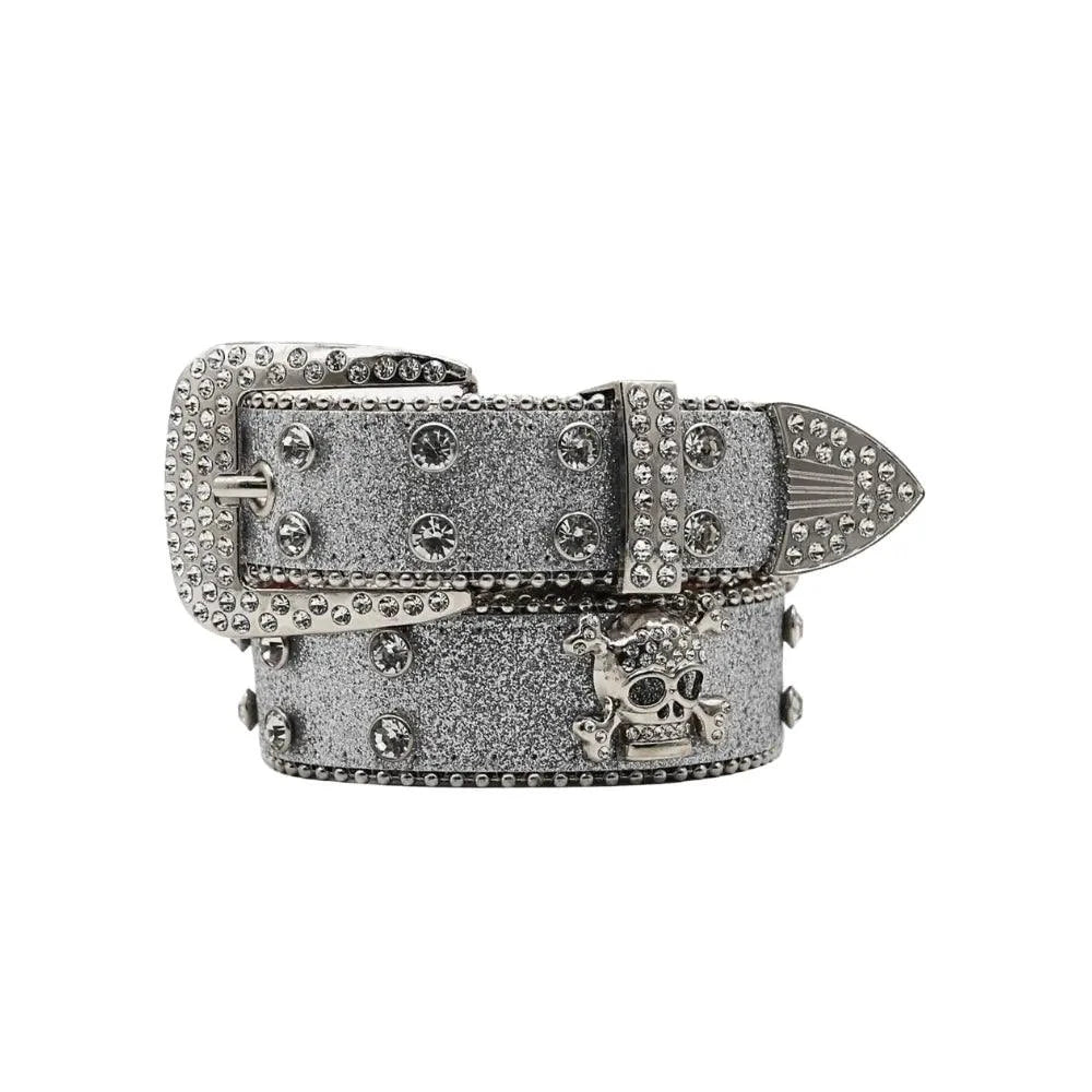 Mandotos Glitzy Skull Fashion Belt with sparkling skull buckle and black leather strap for edgy style.