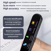 MANDOTOS Global Language Translator Pen showing translation interface and multilingual display on its screen.
