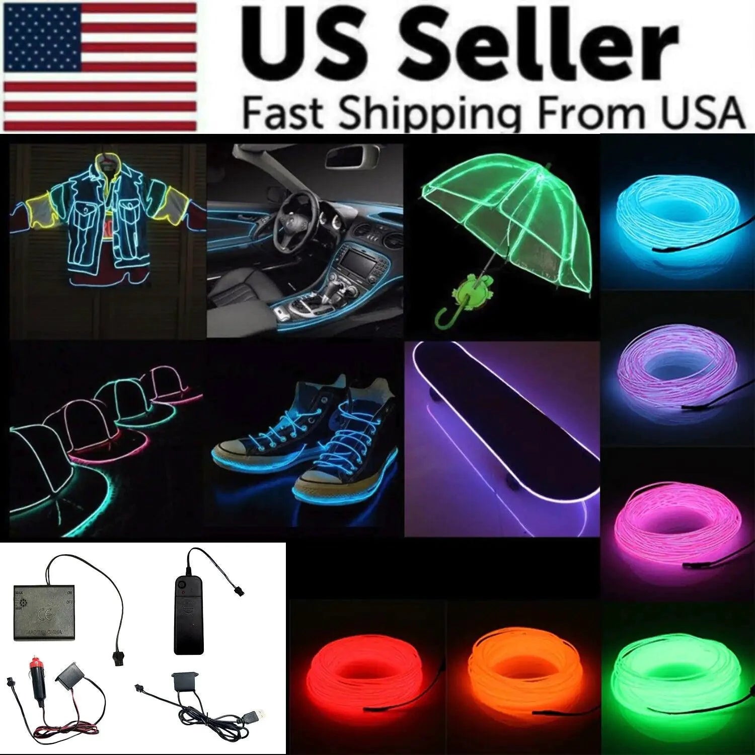 Mandotos glowing EL wire neon tube strings for decor with controller, illuminated flexible LED light strips for vibrant decoration
