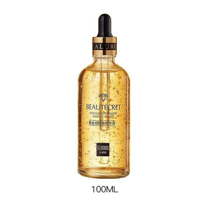 Mandotos Gold Essence Hyaluronic Serum in a sleek glass dropper bottle with gold accents, designed for hydrating and revitalizing skin.