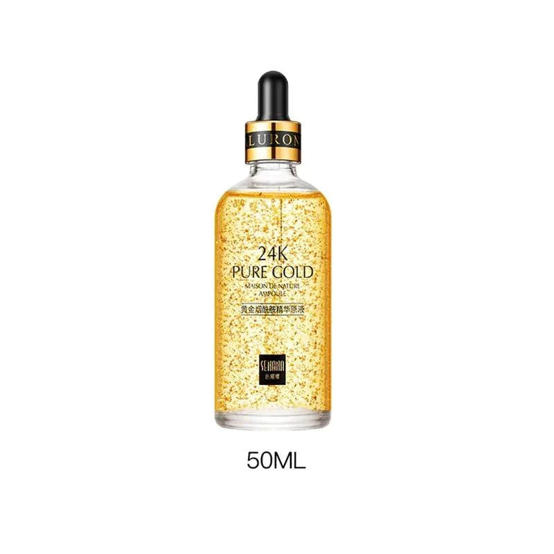 Mandotos Gold Essence Hyaluronic Serum in a sleek glass bottle with a dropper for skincare hydration and glow.