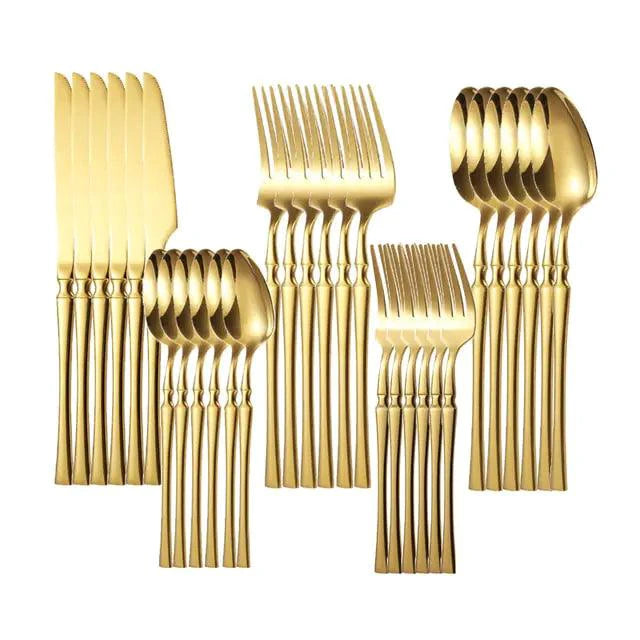 Mandotos Gold Glamour 30-piece dinner set with elegant gold accents, includes plates, bowls, and cups for stylish dining.