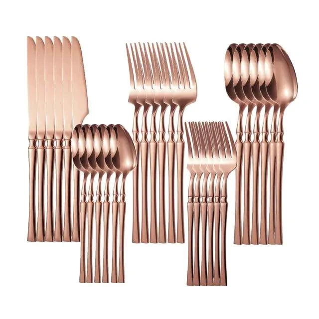 Mandotos Gold Glamour 30-piece dinner set with elegant gold-accented plates, bowls, and cups for stylish dining.