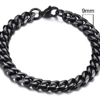 Gold-tone stainless steel Cuban bracelet by MANDOTOS, featuring 3-11mm wide links, displayed on a neutral background.