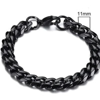 Gold-tone stainless steel Cuban bracelet by MANDOTOS, featuring 3-11mm wide interlocking chain links.