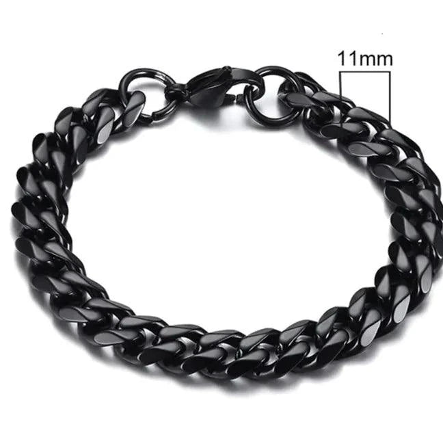 Gold-tone stainless steel Cuban bracelet by MANDOTOS, featuring 3-11mm wide interlocking chain links.