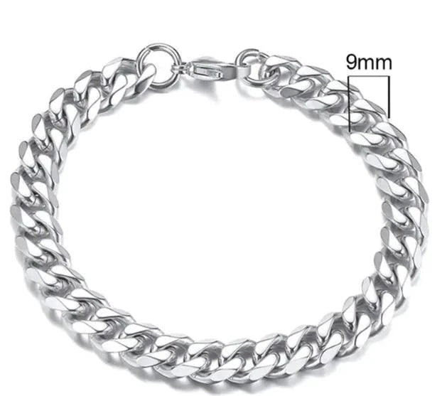 Gold-tone stainless steel Cuban bracelet by MANDOTOS featuring 3-11mm wide links, stylish and durable men's jewelry accessory.