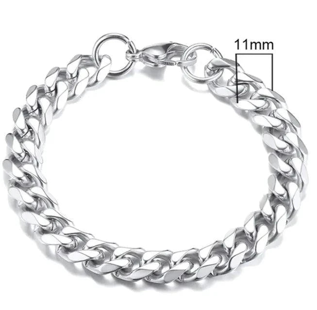 Gold-tone stainless steel Cuban bracelet by MANDOTOS, featuring 3-11mm wide interlocking chain links.