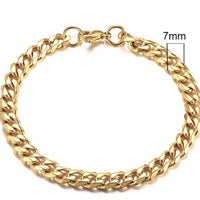 Gold-tone stainless steel Cuban bracelet with 3-11mm links, featuring a stylish and durable design by MANDOTOS.
