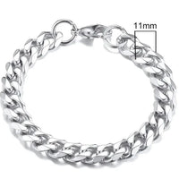 Gold-tone stainless steel Cuban bracelet by MANDOTOS, featuring 3-11mm wide interlocking links.