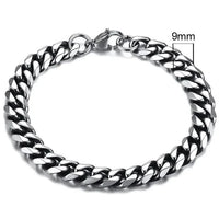 Gold-tone stainless steel Cuban bracelet from MANDOTOS, 3-11mm width, featuring polished, interlocking links on a sleek design.