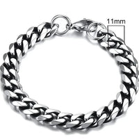 Gold-tone stainless steel Cuban bracelet by MANDOTOS, featuring 3-11mm wide interlinked links for a bold, stylish look.