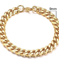 Gold-tone stainless steel Cuban bracelet with 3-11mm links, crafted by MANDOTOS, displayed close-up of the stylish jewelry piece.