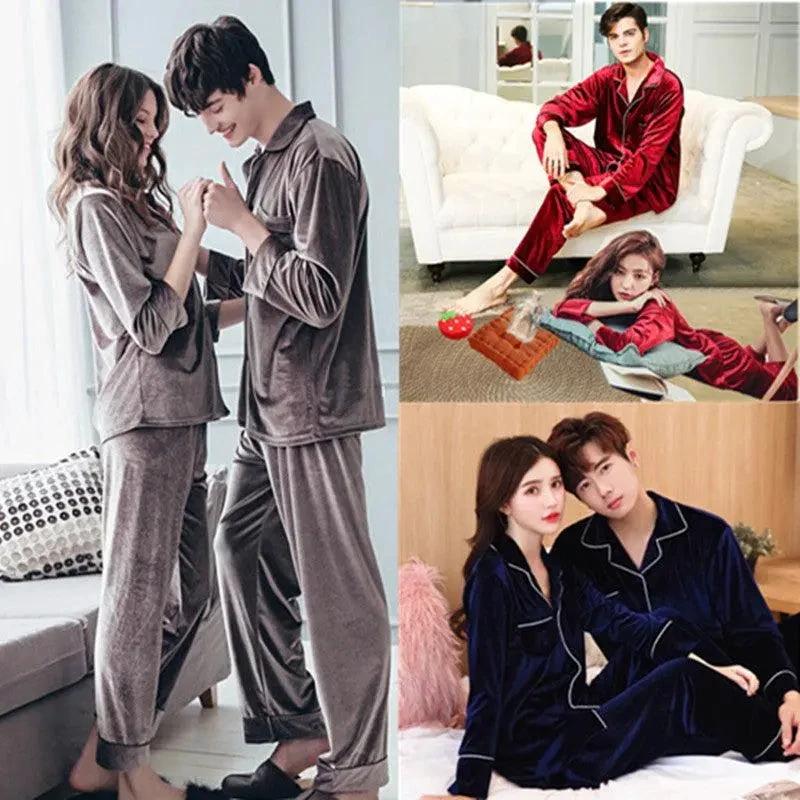 Gold velvet pajamas set from MANDOTOS featuring a soft, luxurious fabric and relaxed fit, perfect for comfortable sleepwear.