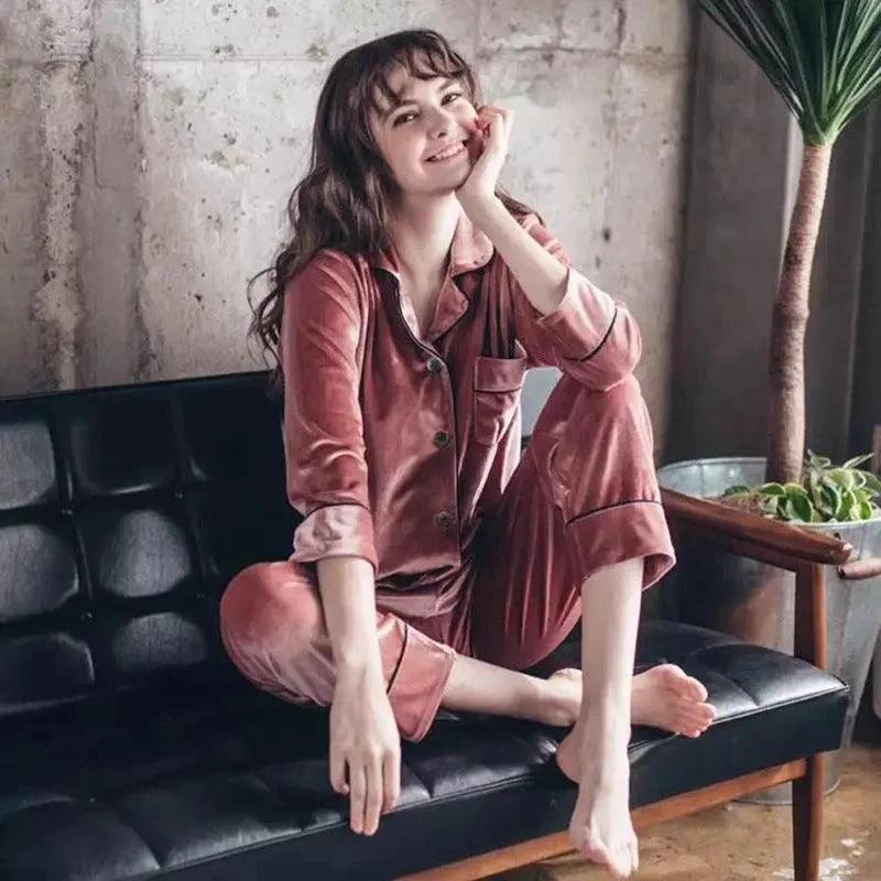 Gold velvet pajamas from MANDOTOS featuring a soft, luxurious fabric and relaxed fit, perfect for cozy loungewear.