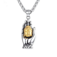 Golden Buddha pendant by MANDOTOS featuring a detailed, shiny gold finish, hanging on a delicate chain.