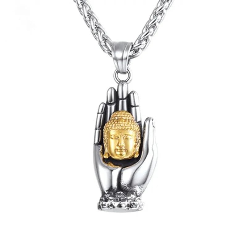 Golden Buddha pendant from MANDOTOS featuring intricate detailing and a polished finish, designed for spiritual jewelry collection.