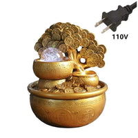 Mandotos Golden Prosperity Tree Fountain with flowing water and intricate golden design, ideal for home decor or spiritual space.