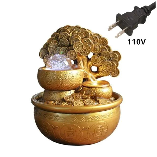 Mandotos Golden Prosperity Tree Fountain with flowing water and intricate golden design, ideal for home decor or spiritual space.