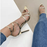 Golden strappy stiletto pumps by MANDOTOS with high heels and elegant design, perfect for formal or evening wear.