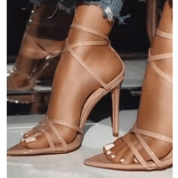 Golden strappy stiletto pumps by MANDOTOS with sleek design and high heels, perfect for stylish evening wear.