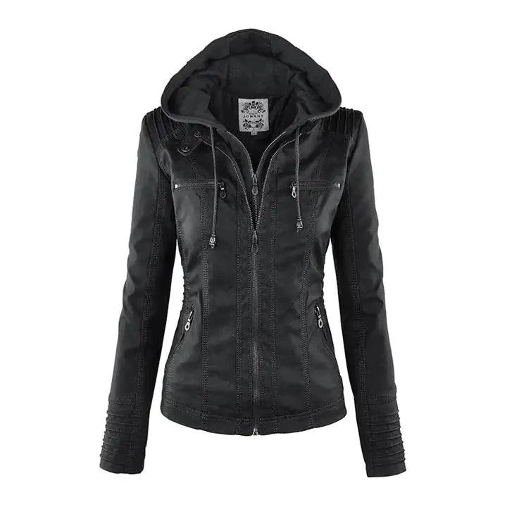 Gothic faux leather jacket by MANDOTOS featuring a fitted design, silver zipper, and edgy style, perfect for alternative fashion.