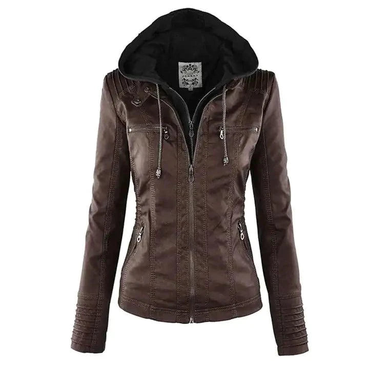Mandotos Gothic faux leather jacket with silver zipper and studded details, stylish and edgy for a bold fashion statement.