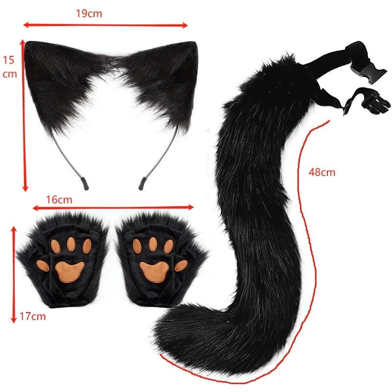 Mandotos Halloween fox tail and ears cosplay set with paw gloves, featuring plush orange and white fox accessories.